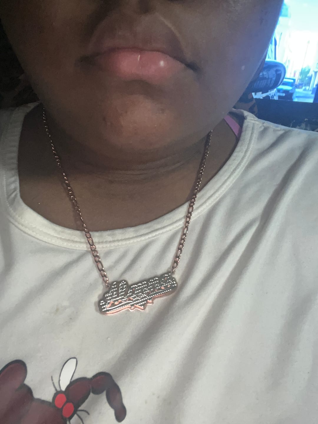Customer photo review of Double Plated Pop Out Heart Name Necklace w/ Figaro Chain