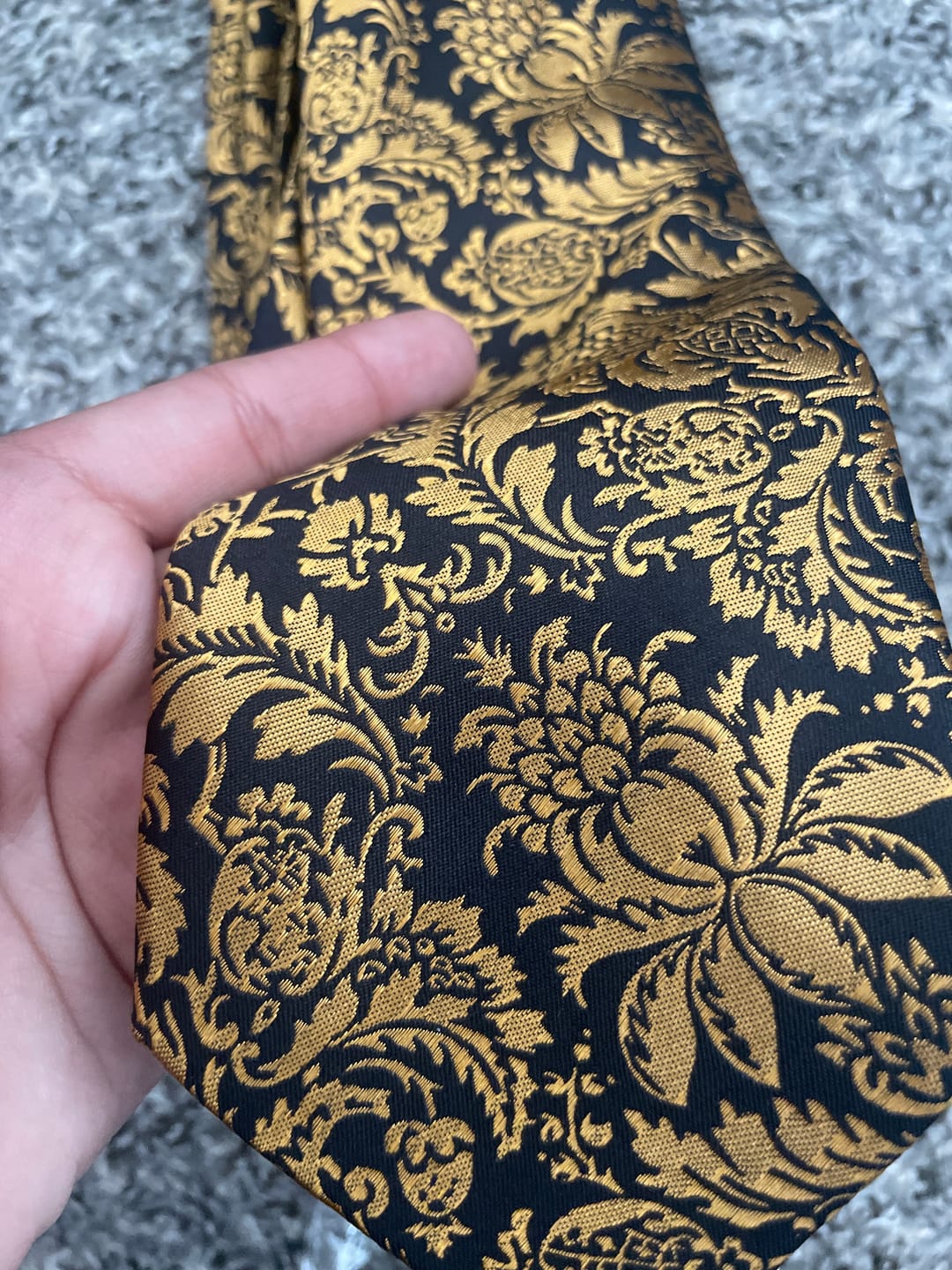 Customer photo review of Golden Black Floral Silk Necktie Pocket Square Cufflinks Set