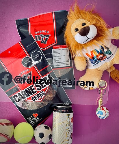 Customer's Carne Seca con Chile bags arranged with a toy lion, sports balls, and a drink can on a purple surface