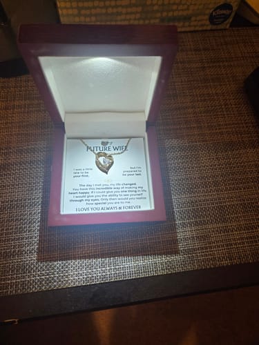 Customer's To My Future Wife Forever Love gift set featuring a necklace displayed in an open, lighted mahogany box.