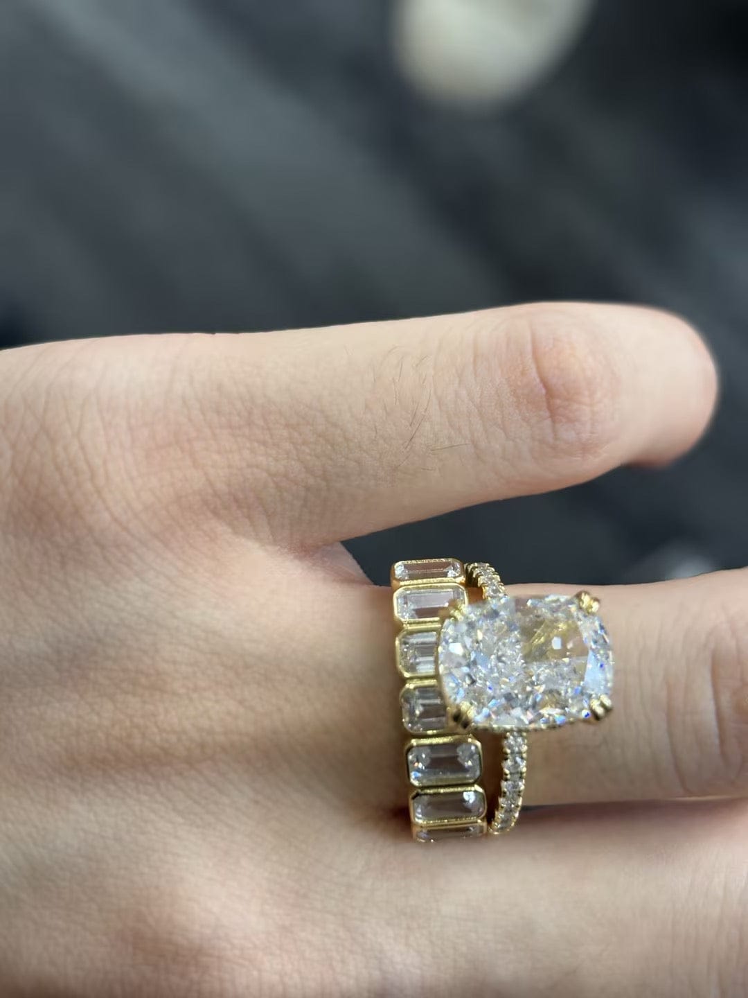 Customer photo review of S925 5.5Ct Cushion Cut Engagement Ring & 2.8Ct Emerald Cut Half Eternity Wedding Band Stackable Ring Set
