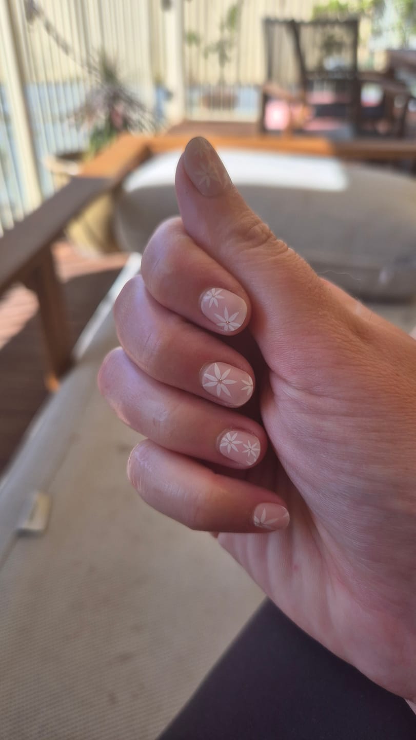 Customer photo review of Pretty Pink Daisies DIY Semicured Gel Nail Sticker Kit