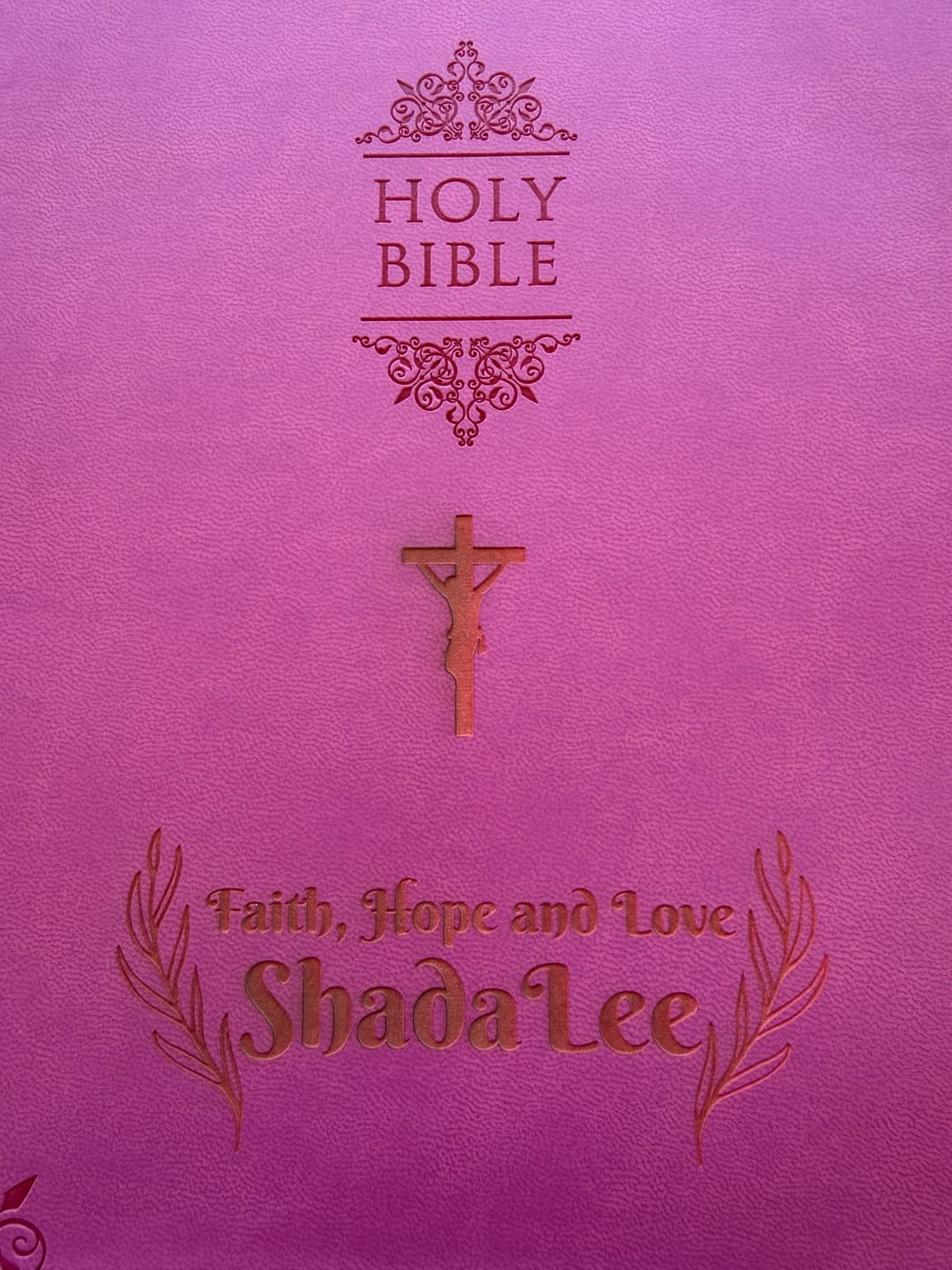 Customer photo review of Personalized NIV Bible Pink Thinline - Engraved Cross Floral Frame