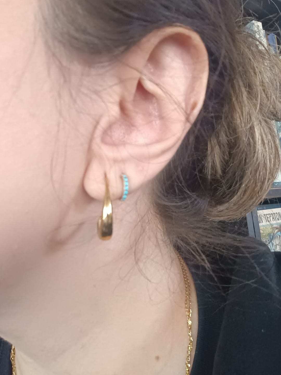 Customer photo review of Classic Drop Hoop Earrings