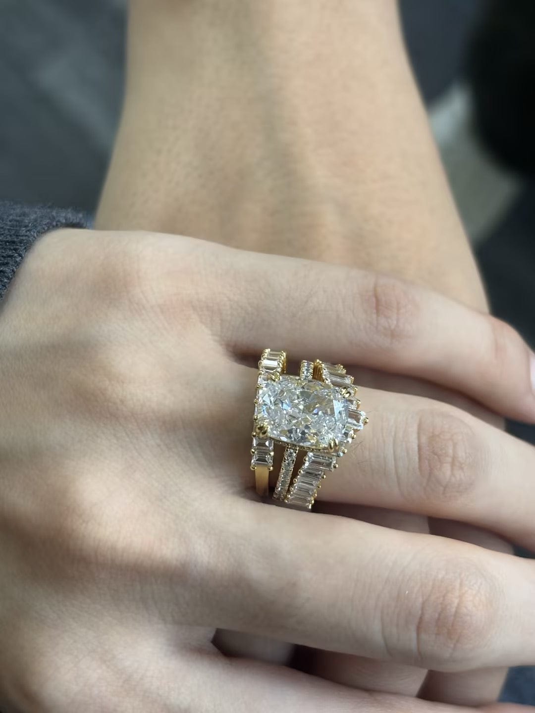 Customer photo review of S925 3PC 5.5Ct Cushion Cut Stackable Party Ring Set Bridal Ring Set For Everyday Wear