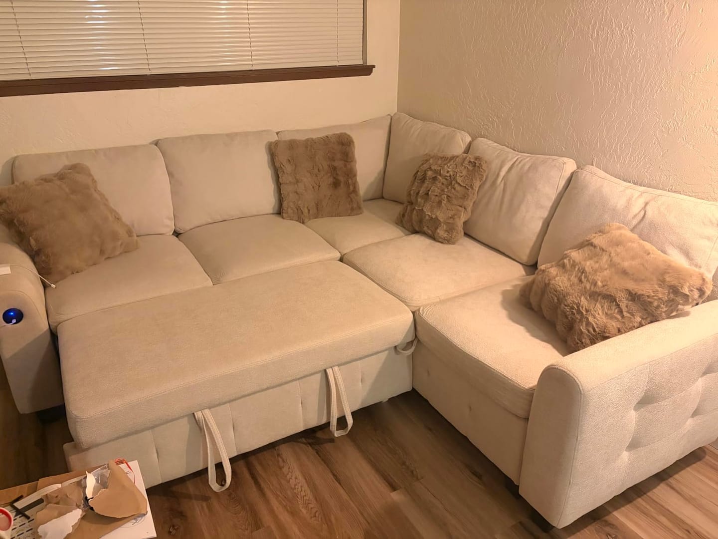 Customer photo review of Chenille Pull Out Sleeper Sofa with Storage Ottoman