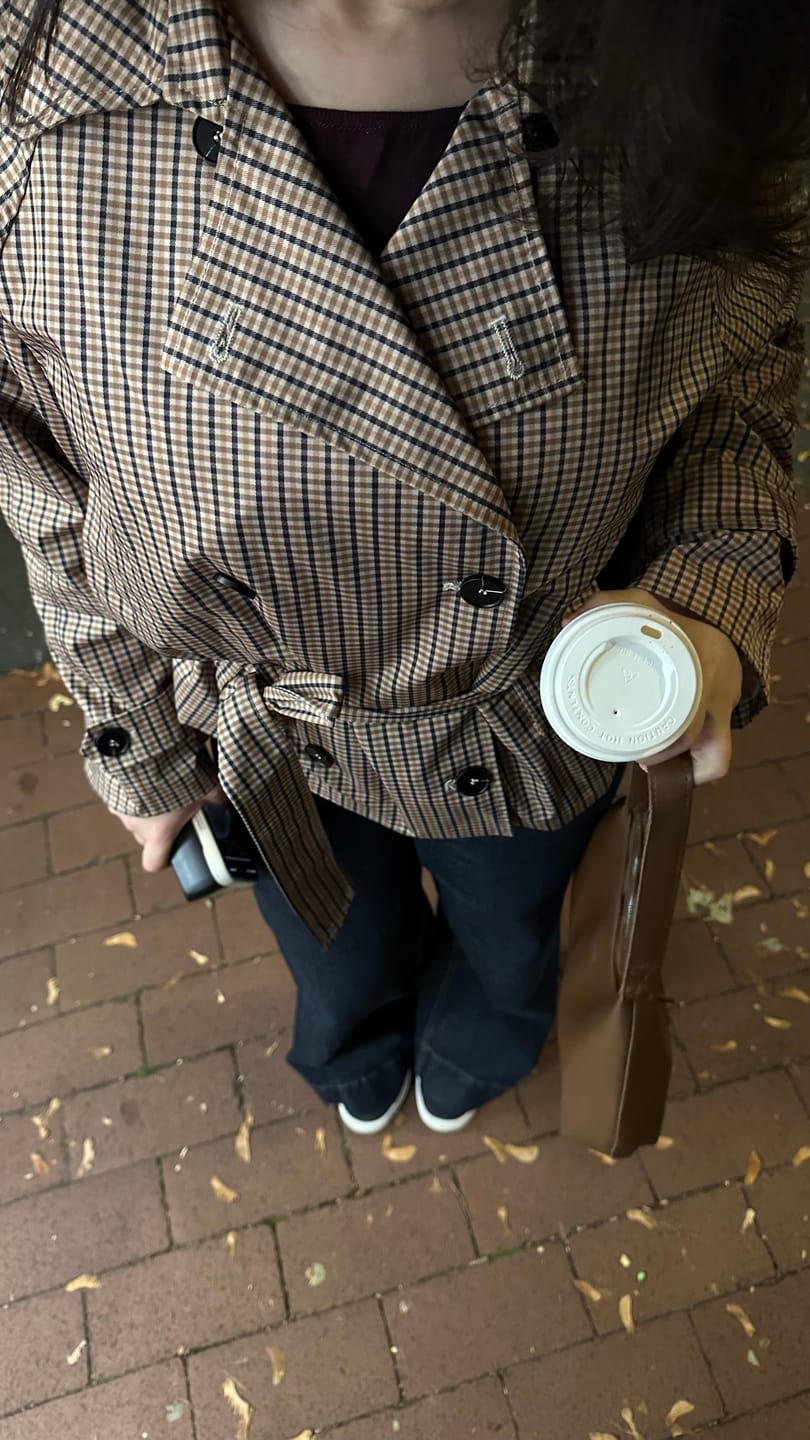 Customer photo review of Fiona Plaid Funnel Collar Trench Coat