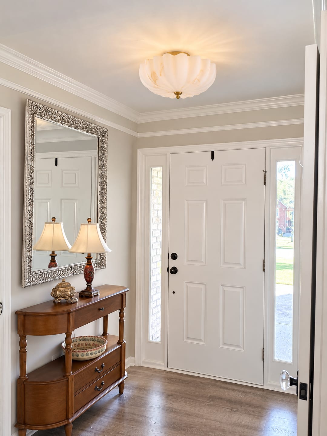Customer photo review of 3-Light Marble Veined Glass Floral Scalloped Semi-flush Mount