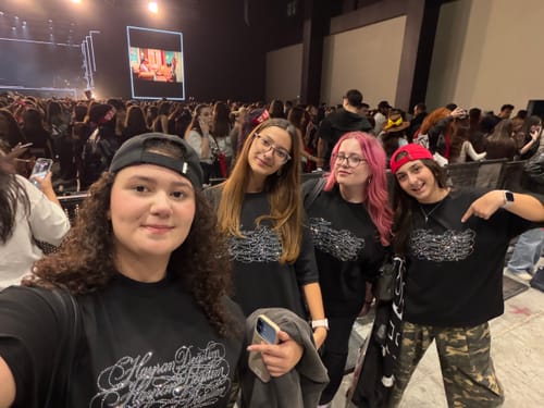 Customer's Radikal Merch Hayran Değilim siyah tişört giyen dört arkadaşın konser alanındaki bir fotoğrafı.
