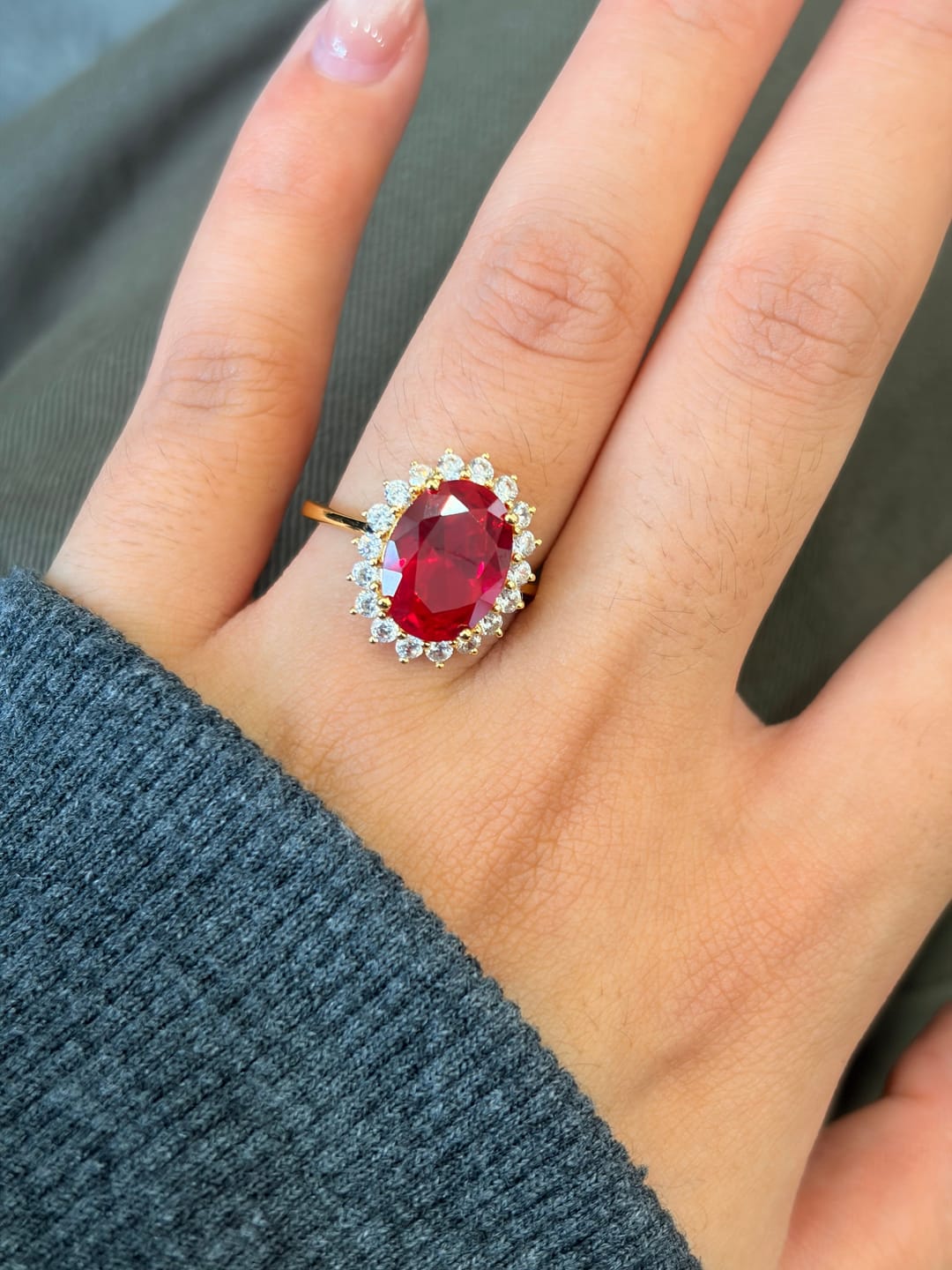 Customer photo review of 4.5 Carat Halo Oval Cut Blue/Red/Green/Yellow Sapphire Engagement Ring In Sterling Silver