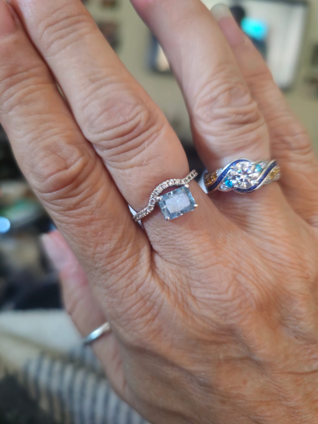 Customer photo review of Starry Night Inspired Moissanite Blue & Yellow Sapphire Swirl Engagement Ring