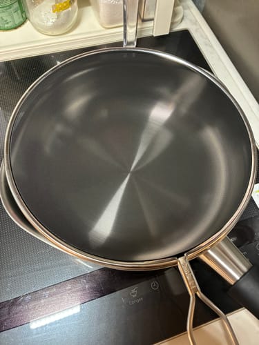 Reviewer's AUX Leye stainless steel mesh cover placed perfectly over a pan on a stove top.