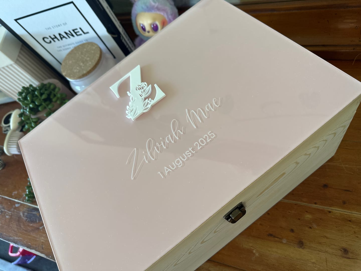 Customer photo review of Floral Monogram with birth details on Acrylic Lid Keepsake Box