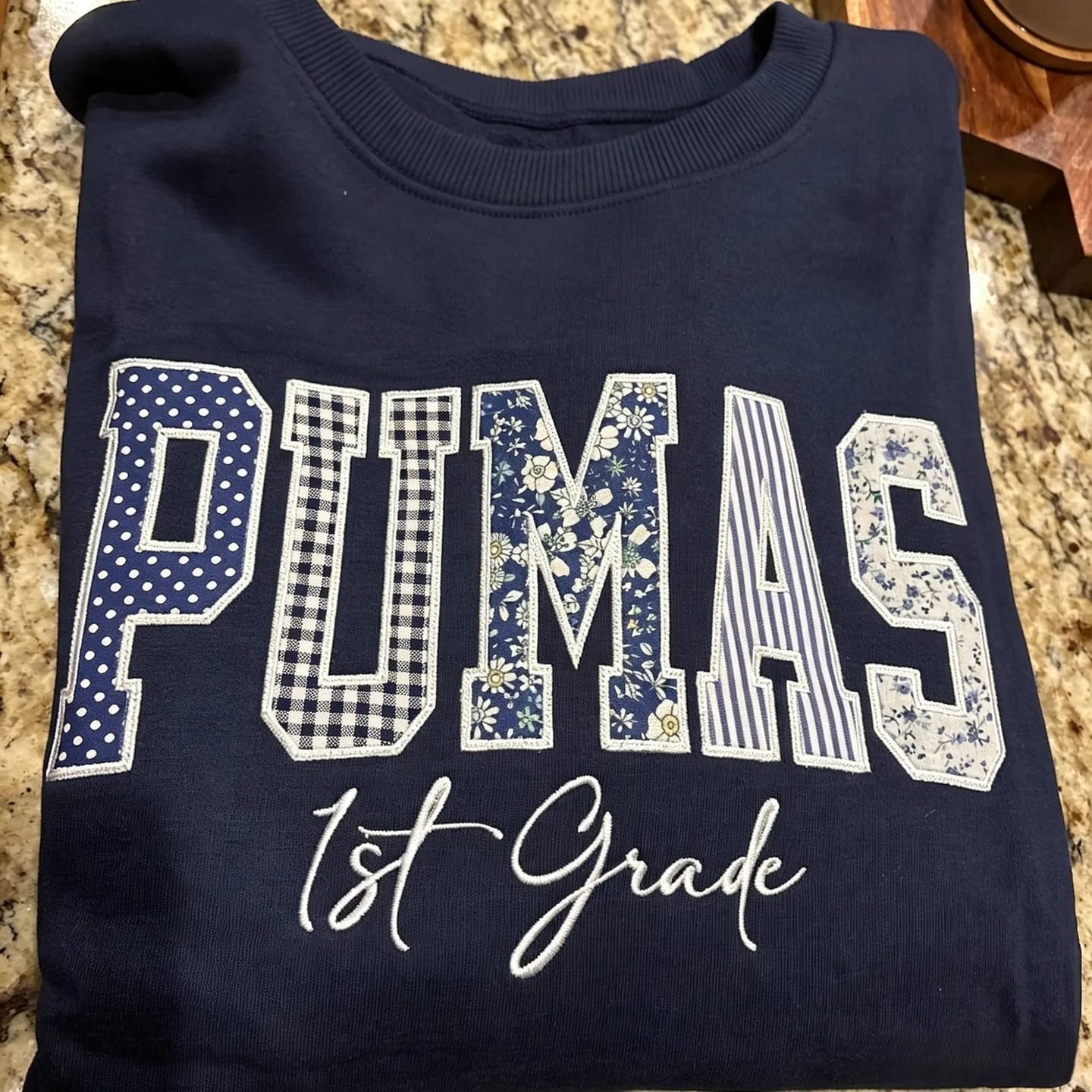 Customer photo review of Custom Patchwork Fabric Embroidered Sweatshirt Team and School Name Applique Varsity Letters