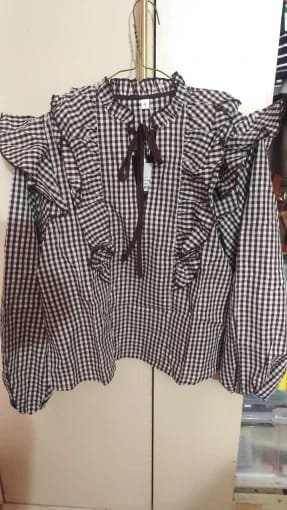 Customer photo review of Amelie Gingham Ruffle Blouse