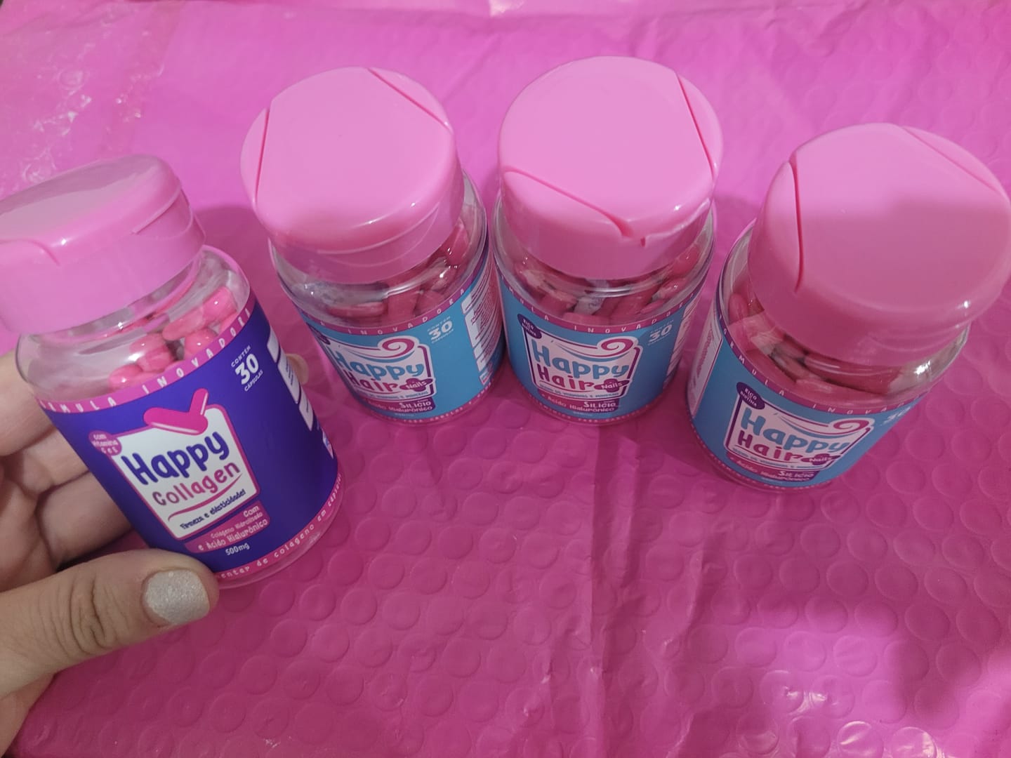 Customer photo review of Happy Hair 3 Potes + 1 Colágeno Grátis