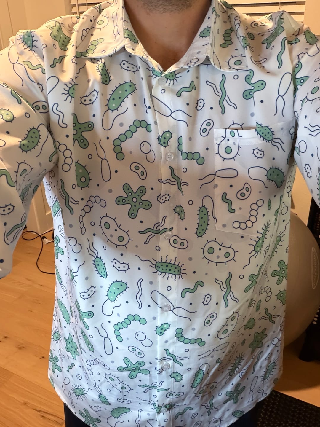 Customer photo review of Science Green Microbes White Long Sleeve Button Up Shirt