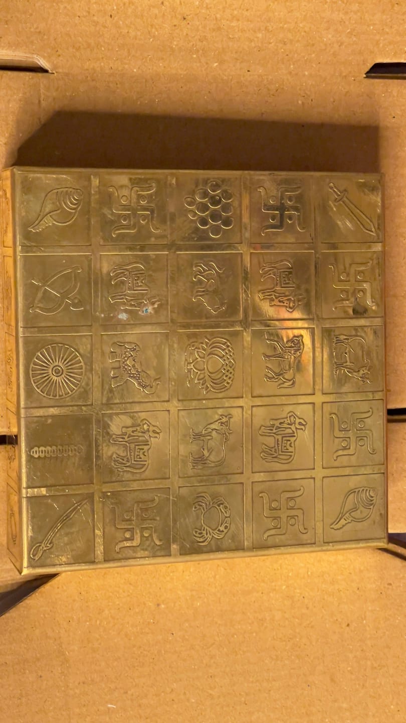 Customer photo review of Brass Manjusha Yantra Box with Partition – Vastu Remedy for Brahmasthan Correction | 16-Compartment Energy Organizer with 45 Devta Symbols | 5 & 9 Inch Sizes