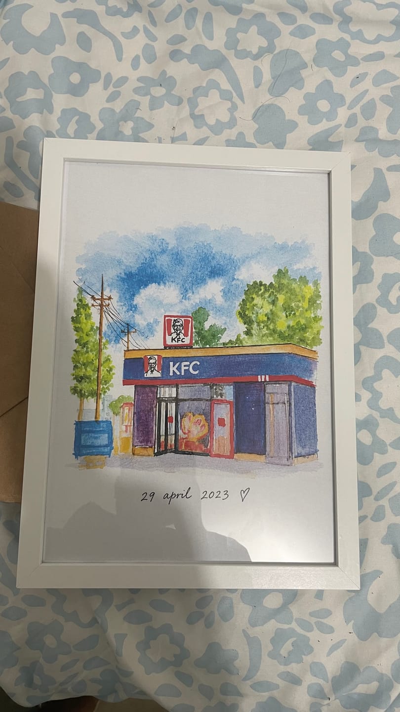 Customer photo review of Your First Date in Watercolor – Custom first date venue potrait
