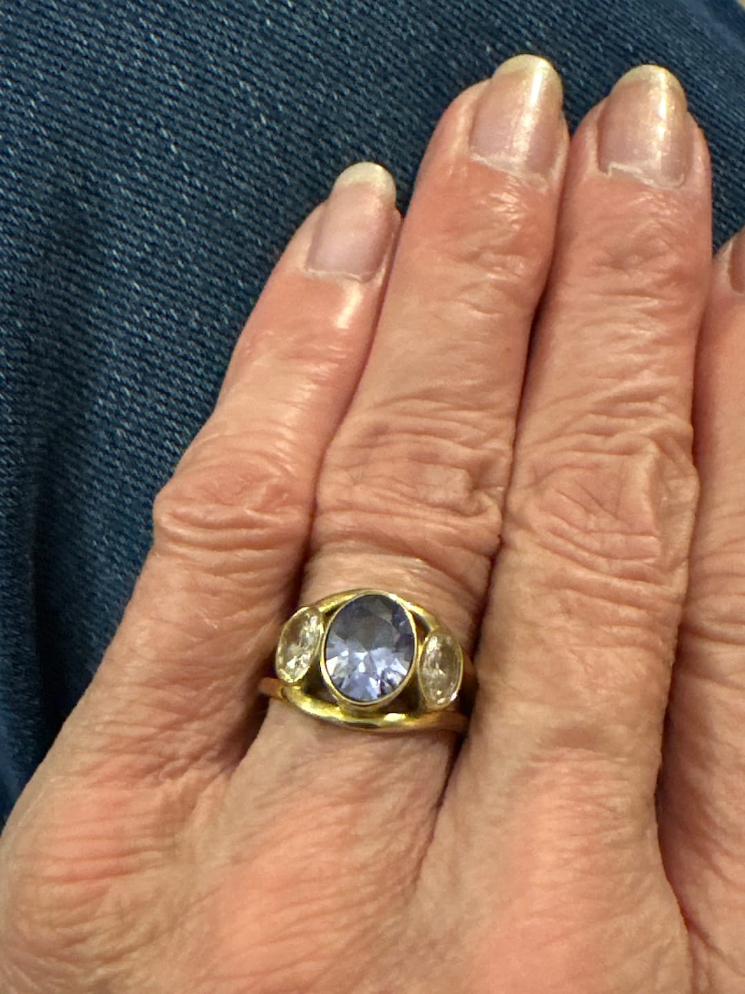 Customer photo review of Bezel Trilogy Ring Tanzanite