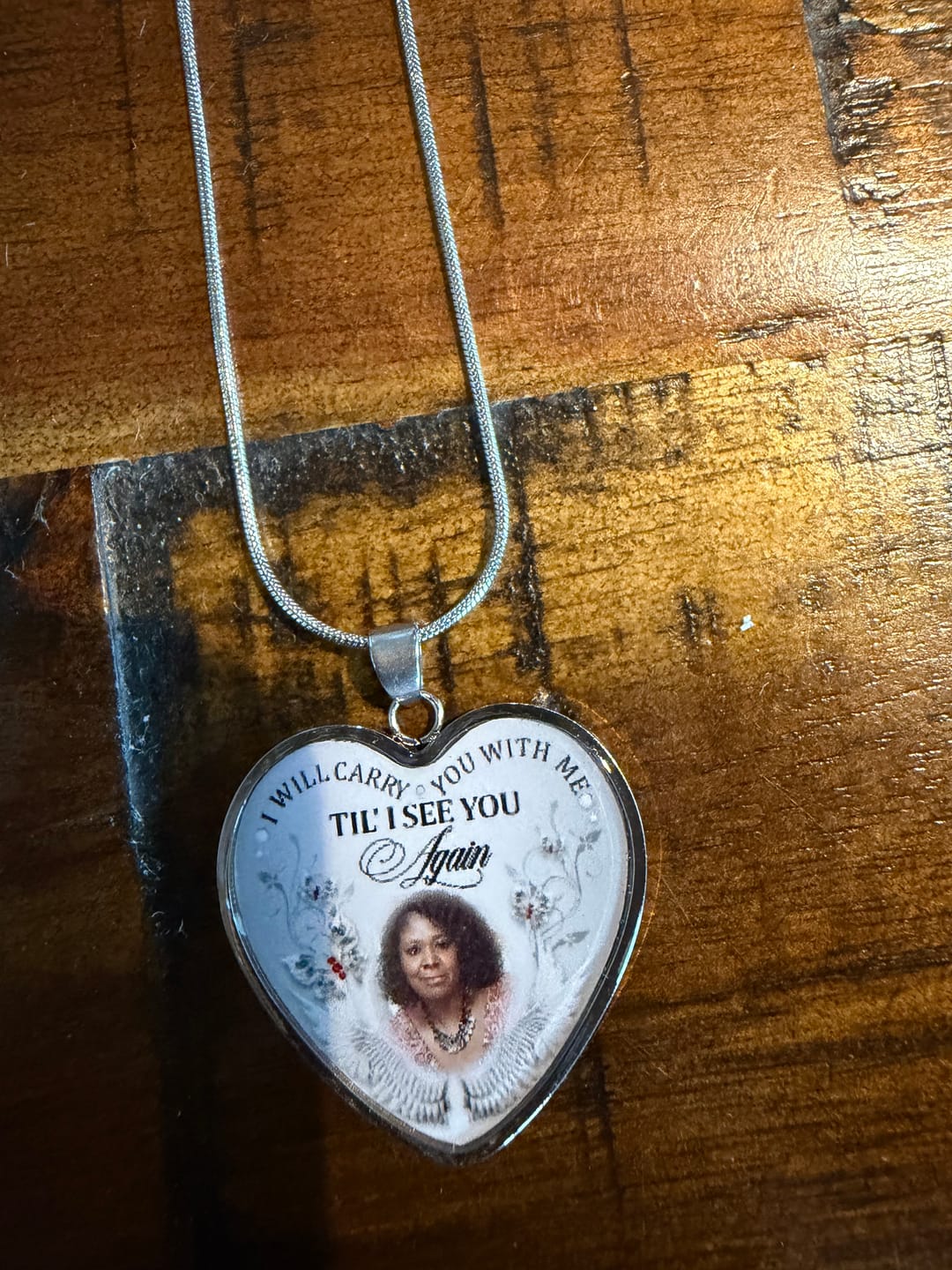 Customer photo review of Custom Photo Memorial Necklace/Keychain "I Will Carry You With Me” - N001