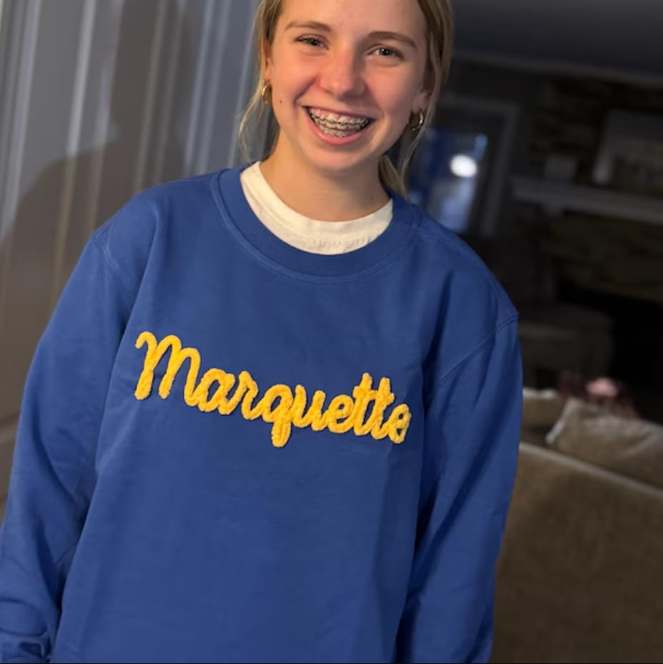 Customer photo review of Custom College Chenille Team Name Embroidered Sweatshirt | Gifts for Sports Mom