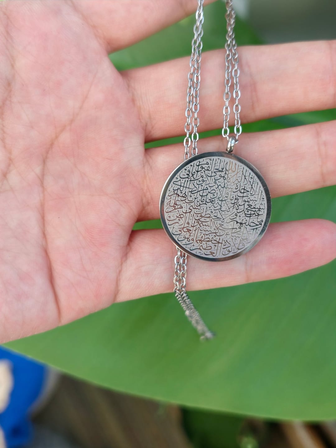 Customer photo review of HilalHaven Inner Peace Ayatul Kursi Script Necklace — Polished Daily Wear Pendant