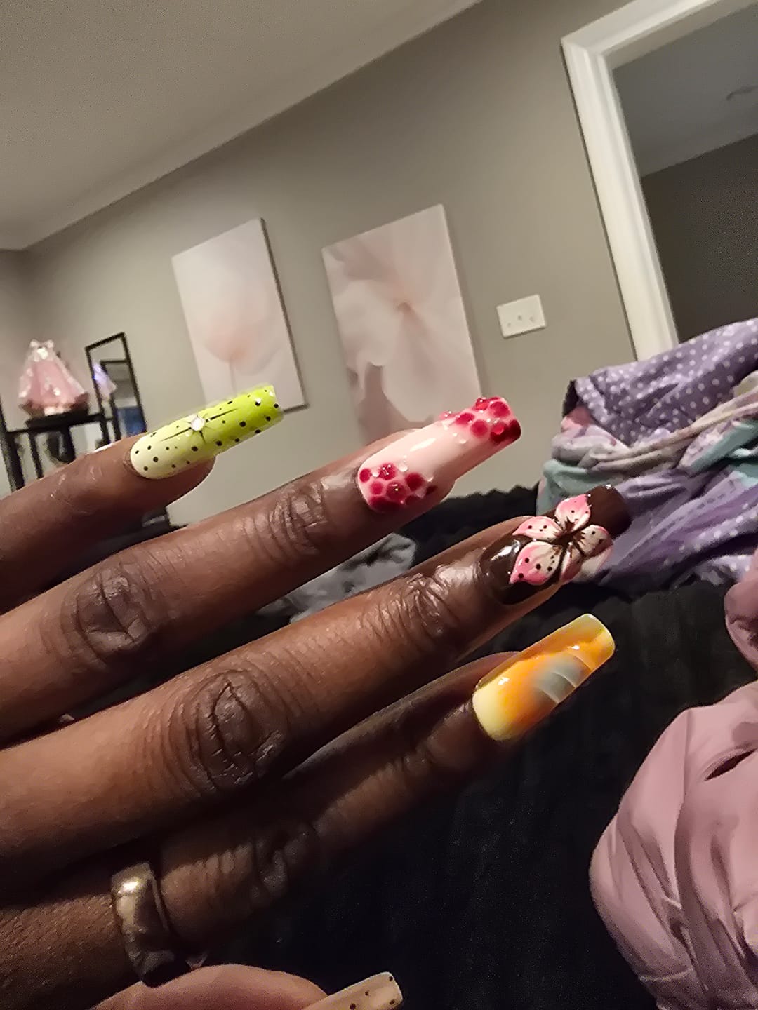Customer photo review of Neon Bloom 3D Floral Press-On Nails
