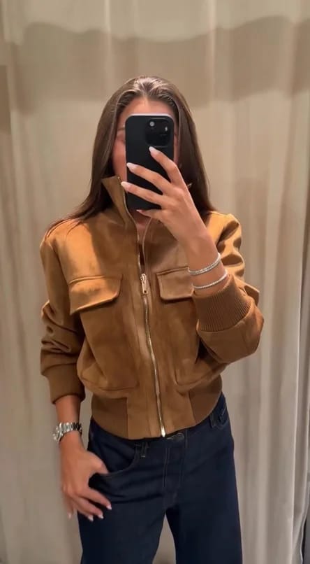 Customer photo review of Jean Faux Suede Bomber Jacket
