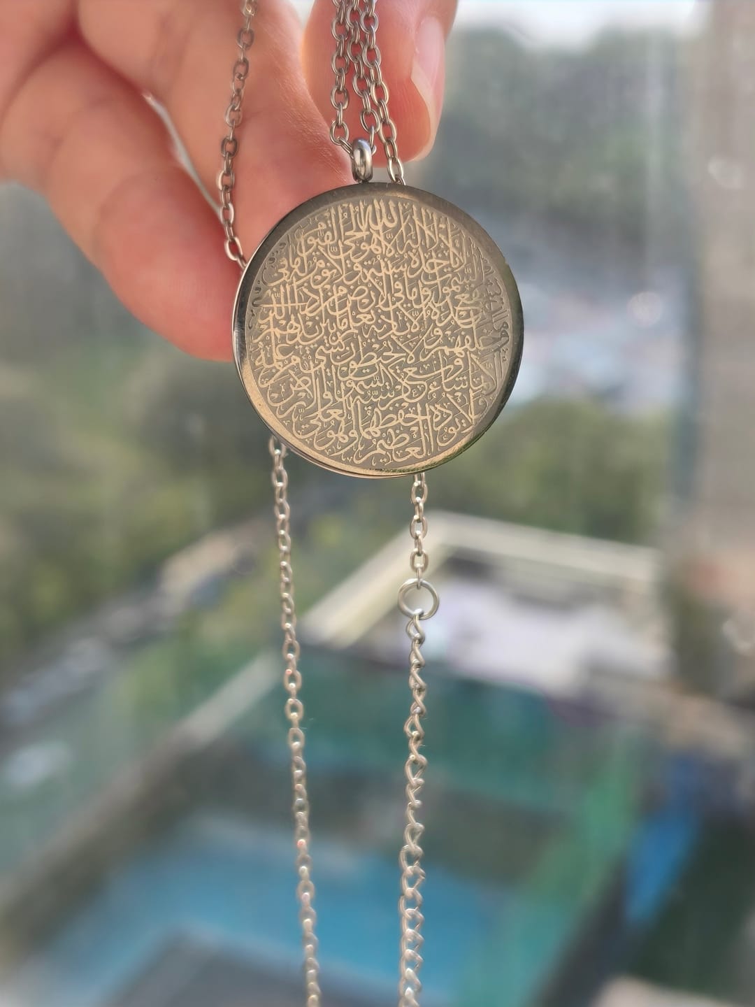 Customer photo review of HilalHaven Inner Peace Ayatul Kursi Script Necklace — Polished Daily Wear Pendant