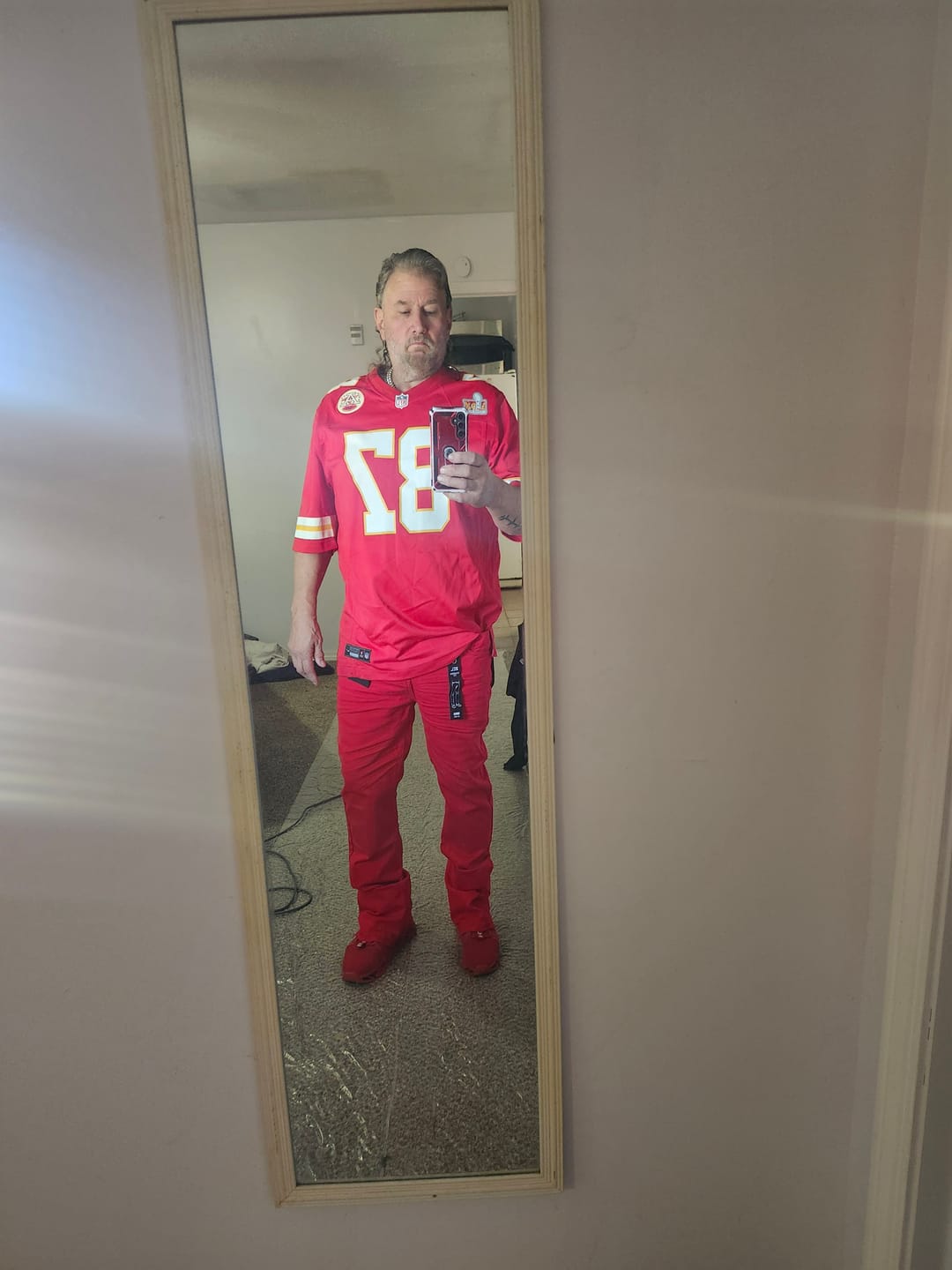Customer photo review of Vortex Stacked Denim Jeans (Red)
