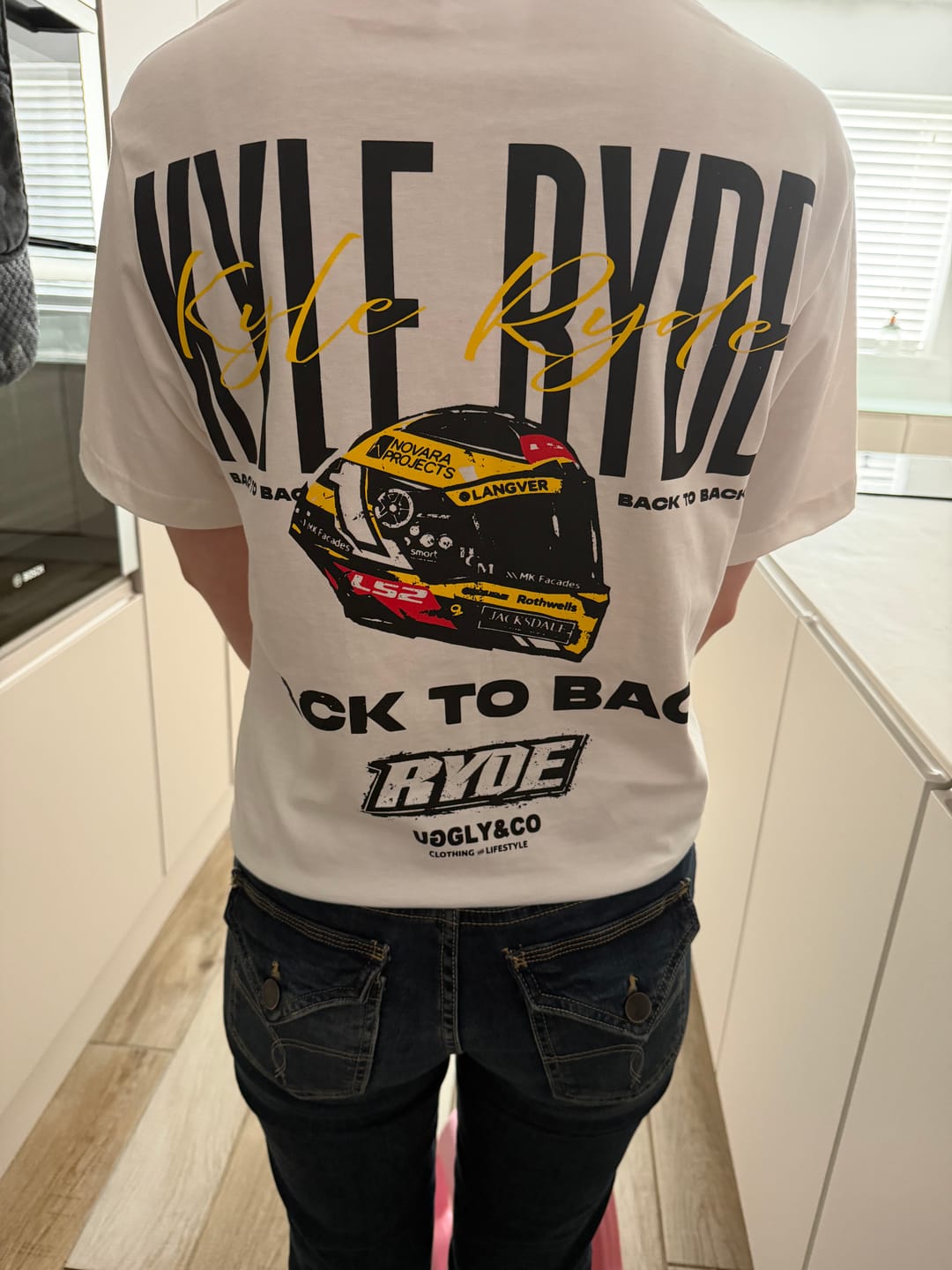 Customer photo review of White Kyle Ryde 'Back to Back' T-Shirt