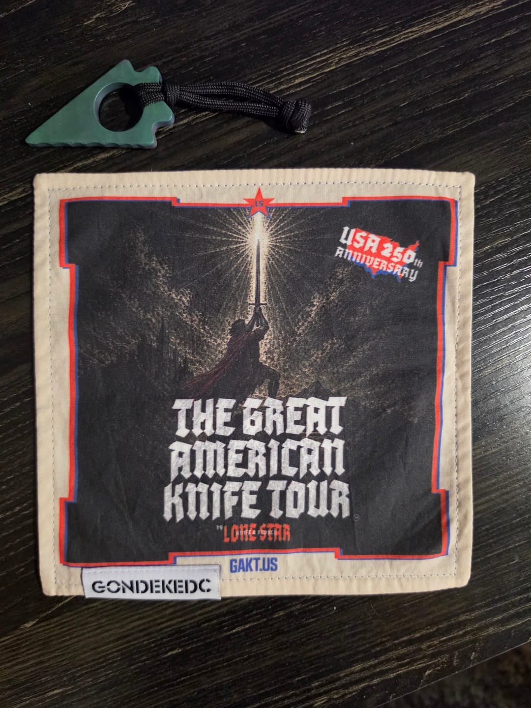 Customer photo review of GondekEDC The Great American Knife Tour™ Hamilton Hank - Limited Edition - 7x7 – Cotton & Microfiber Handkerchief – Made in USA (Pre-Order