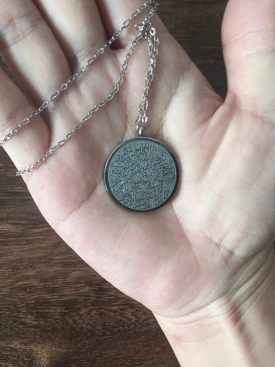 Customer photo review of HilalHaven Inner Peace Ayatul Kursi Script Necklace — Polished Daily Wear Pendant