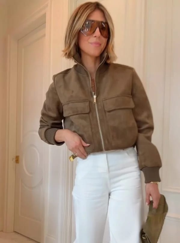 Customer photo review of Jean Faux Suede Bomber Jacket