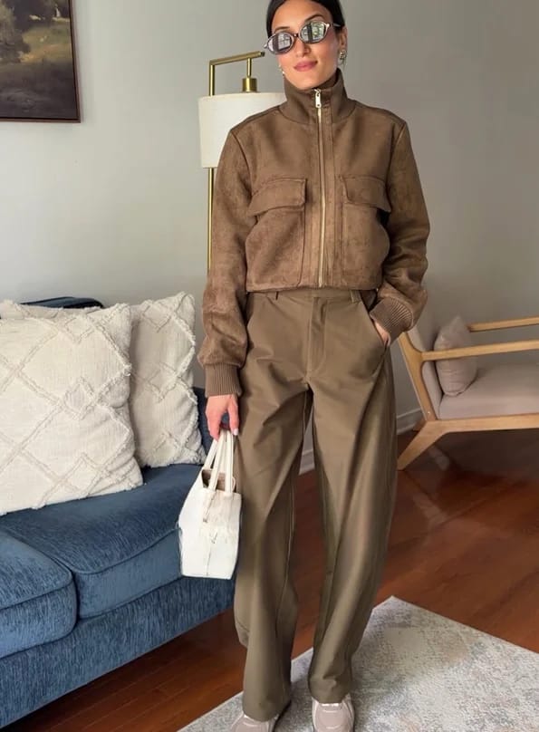 Customer photo review of Jean Faux Suede Bomber Jacket