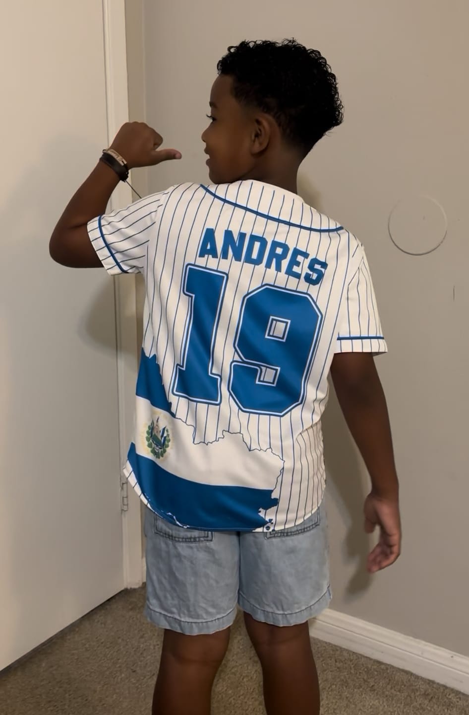 Customer photo review of Custom El Salvador Baseball Jersey Salvadoran Fan Pinstripe Heritage – Personalized Name Number