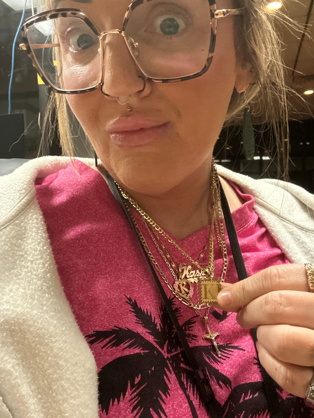 Customer photo review of Flower Initial Necklace w/ Clip Chain