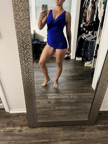 Customer photo review of Emoswim - Women One Piece Swim Dress Tummy Control Swimsuits Slimming Mesh Sheer Sarong Wraps Bathing Suit