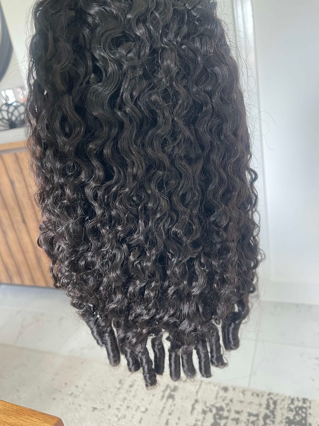 Customer photo review of Wavymy Burmese Curly Drawstring Half Wigs Seamless Flip Over Wig Beginner Friendly No Lace No Glue Human Hair 180% Density