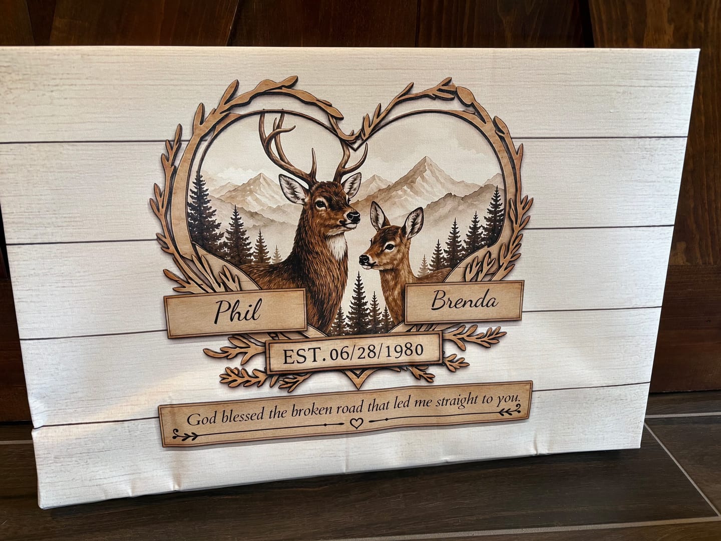 Customer photo review of "God Bless The Broken Road," Personalized Deer Couple Canvas Wall Art