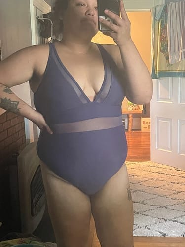 Customer photo review of Emoswim - Women Plus Size One Piece Swimsuit V Neck Mesh Sheer Tummy Control Bathing Suit