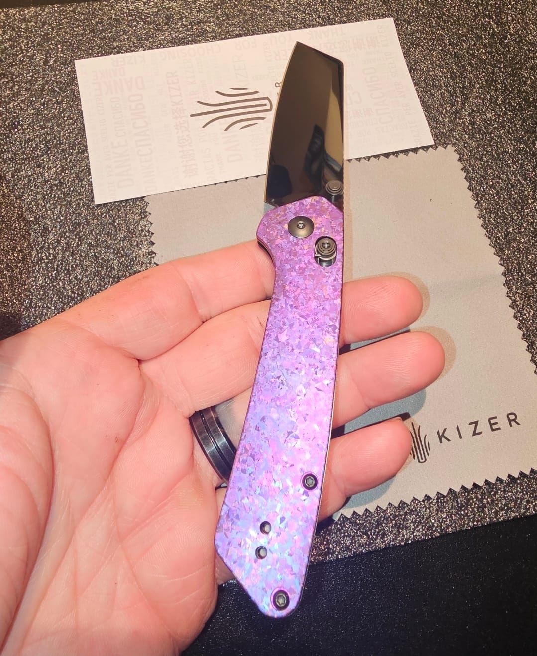 Customer photo review of Kizer Madrac AirTi Purple Crystallized Titanium Super Mirror X-Polished DLC M390 | Blade District Exclusive