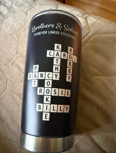 Customer's personalized black Brothers & Sisters crossword puzzle art tumbler.