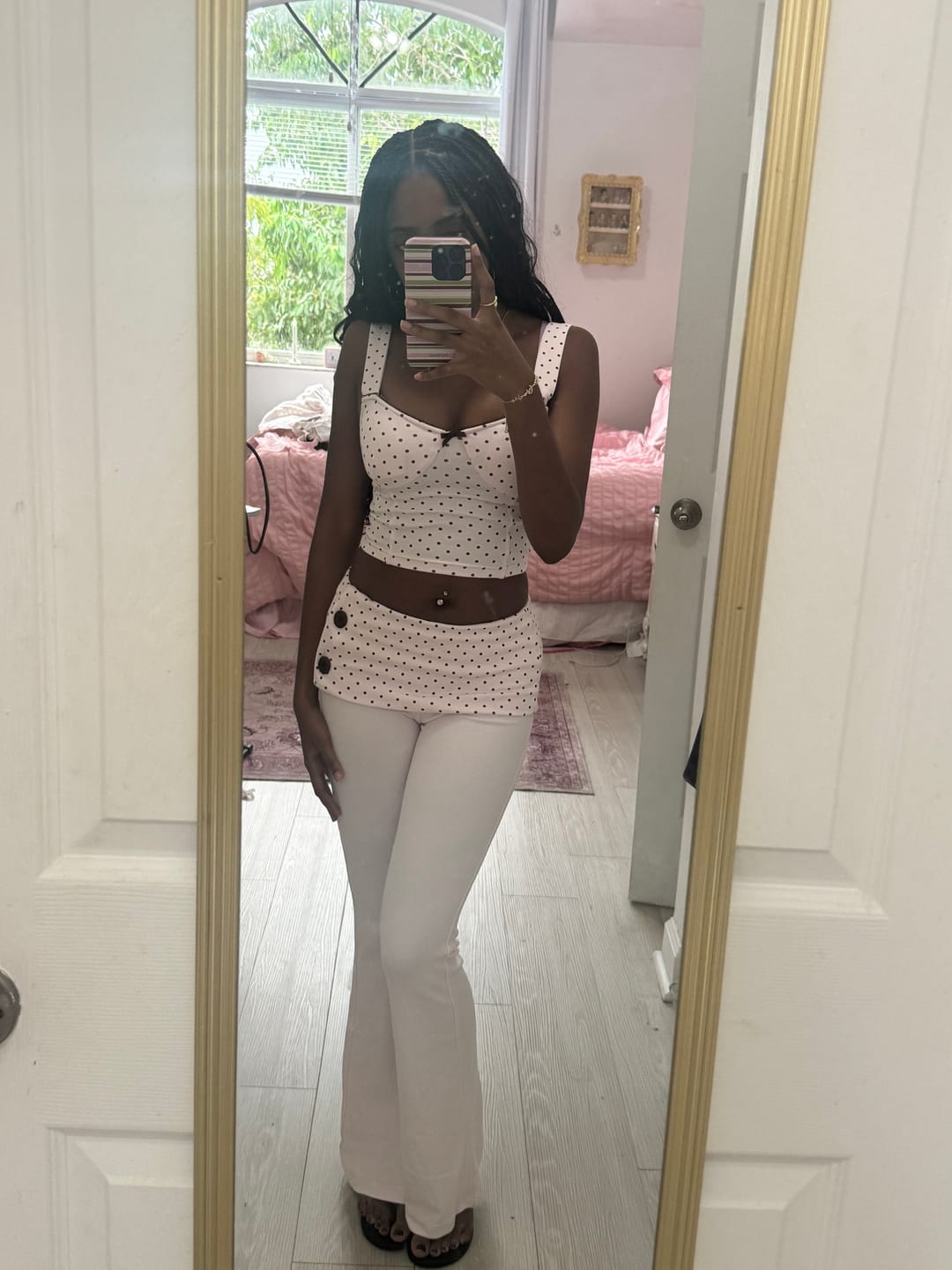Customer photo review of Whimsy Doll Cotton Active Fold over Long Pants (White Polka)