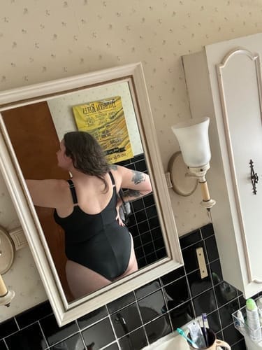 Customer photo review of Emoswim - Women Plus Size One Piece Swimsuit V Neck Mesh Sheer Tummy Control Bathing Suit