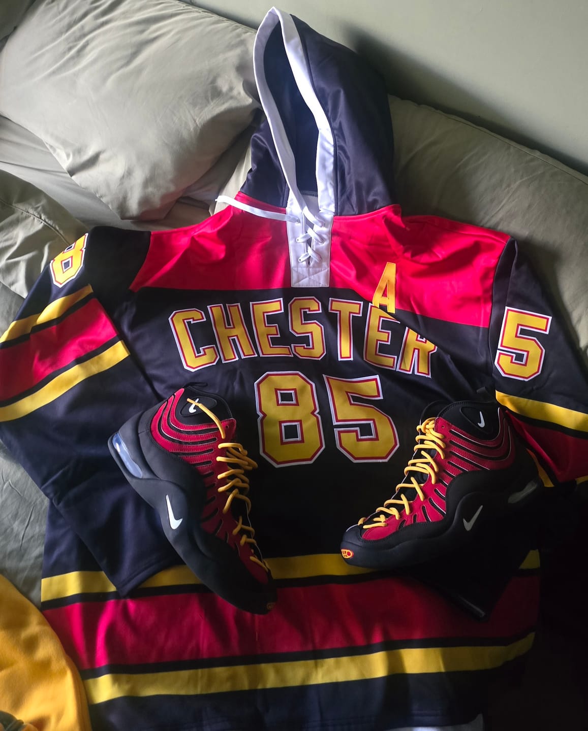 Customer photo review of Custom Black Red Raglan Sleeves Lace-Up Neck Breathable Hockey Hoodie Jersey