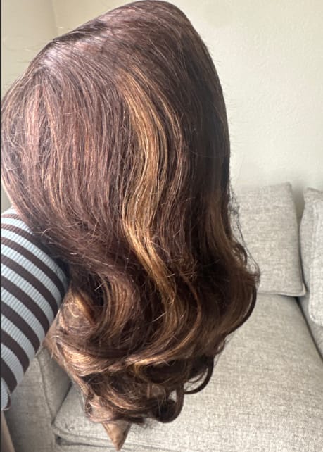 Customer photo review of Wavymy Chestnut Brown Curtain Bangs Layered Cut Loose Body Wave Wear Go Glueless Customized Wig