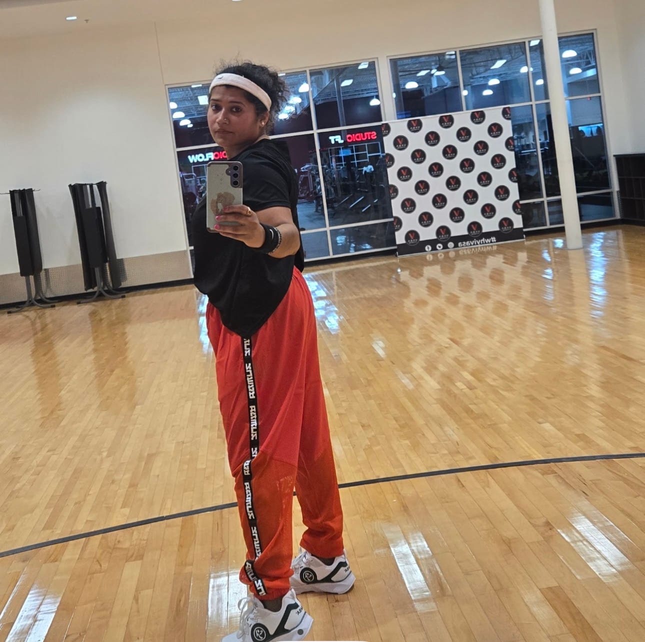 Customer photo review of Eastern Flavor High Waisted Woven Track Pants With Mesh