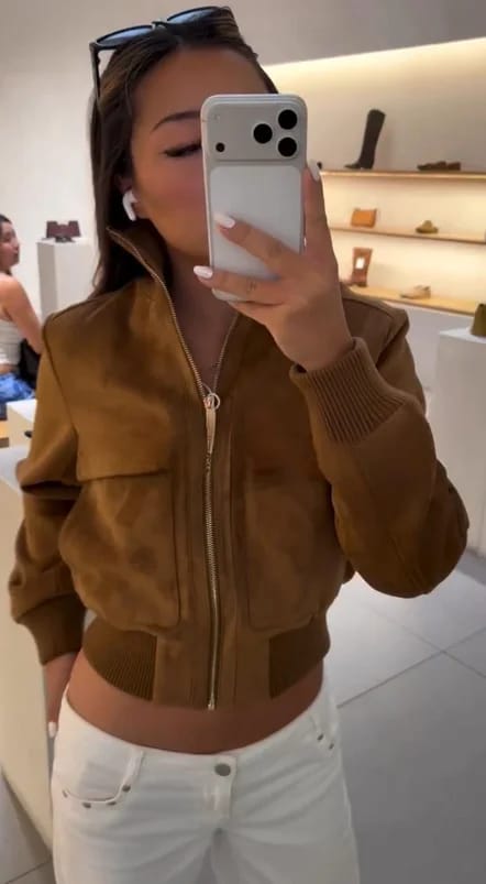 Customer photo review of Jean Faux Suede Bomber Jacket